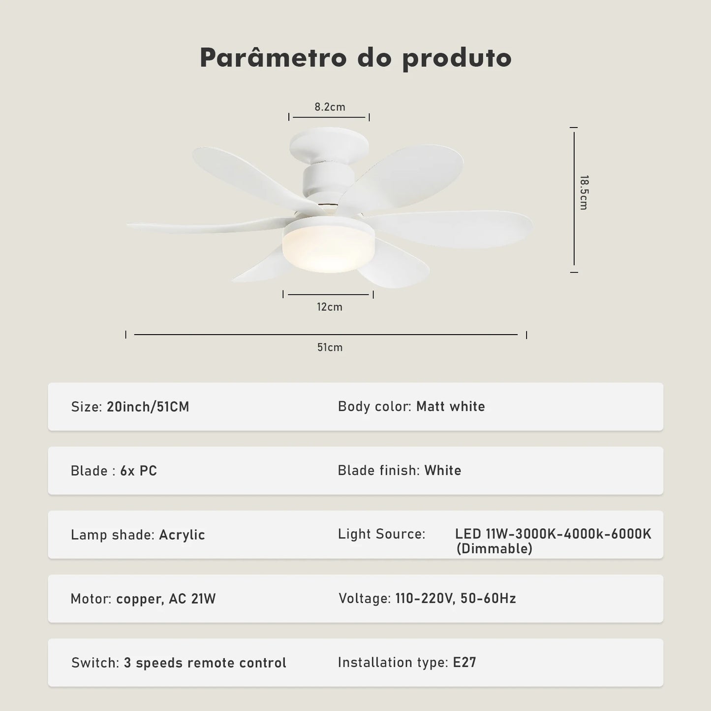 Ventilador de teto com luz